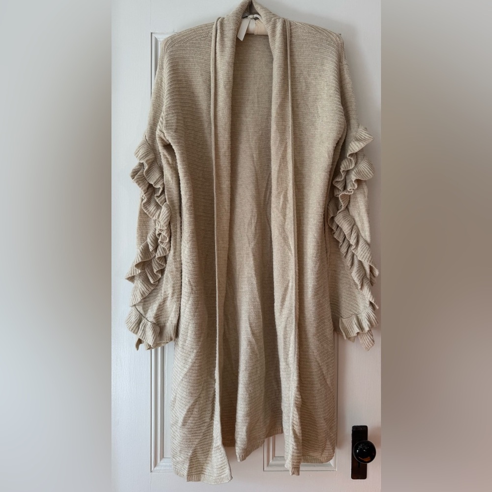 One Grey Day | Beige Long Ruffle-Sleeve Cardigan – Size L